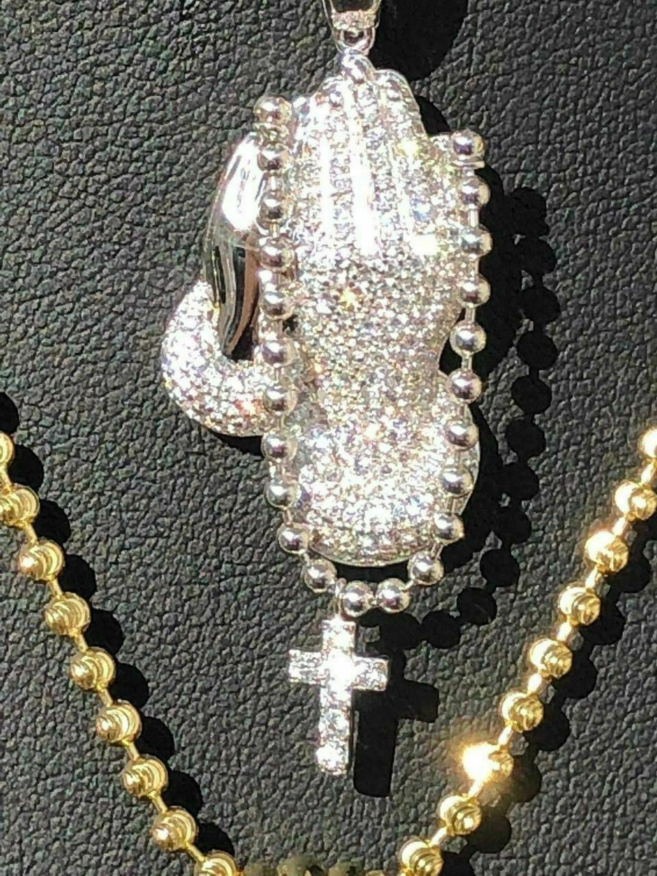 Praying Folded Hands W. Cross Solid 925 Sterling Silver Pendant man made Diamond ICY