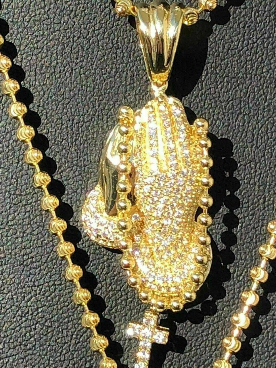 Praying Folded Hands W. Cross Solid 925 Sterling Silver Pendant man made Diamond ICY