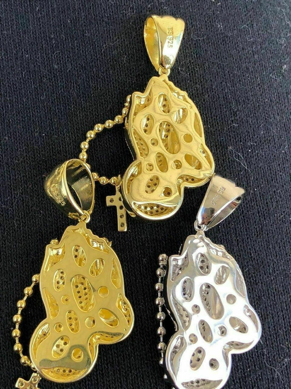 Praying Folded Hands W. Cross Solid 925 Sterling Silver Pendant man made Diamond ICY