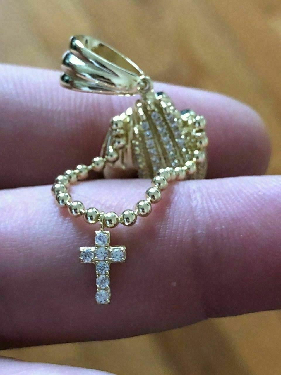 Praying Folded Hands W. Cross Solid 925 Sterling Silver Pendant man made Diamond ICY