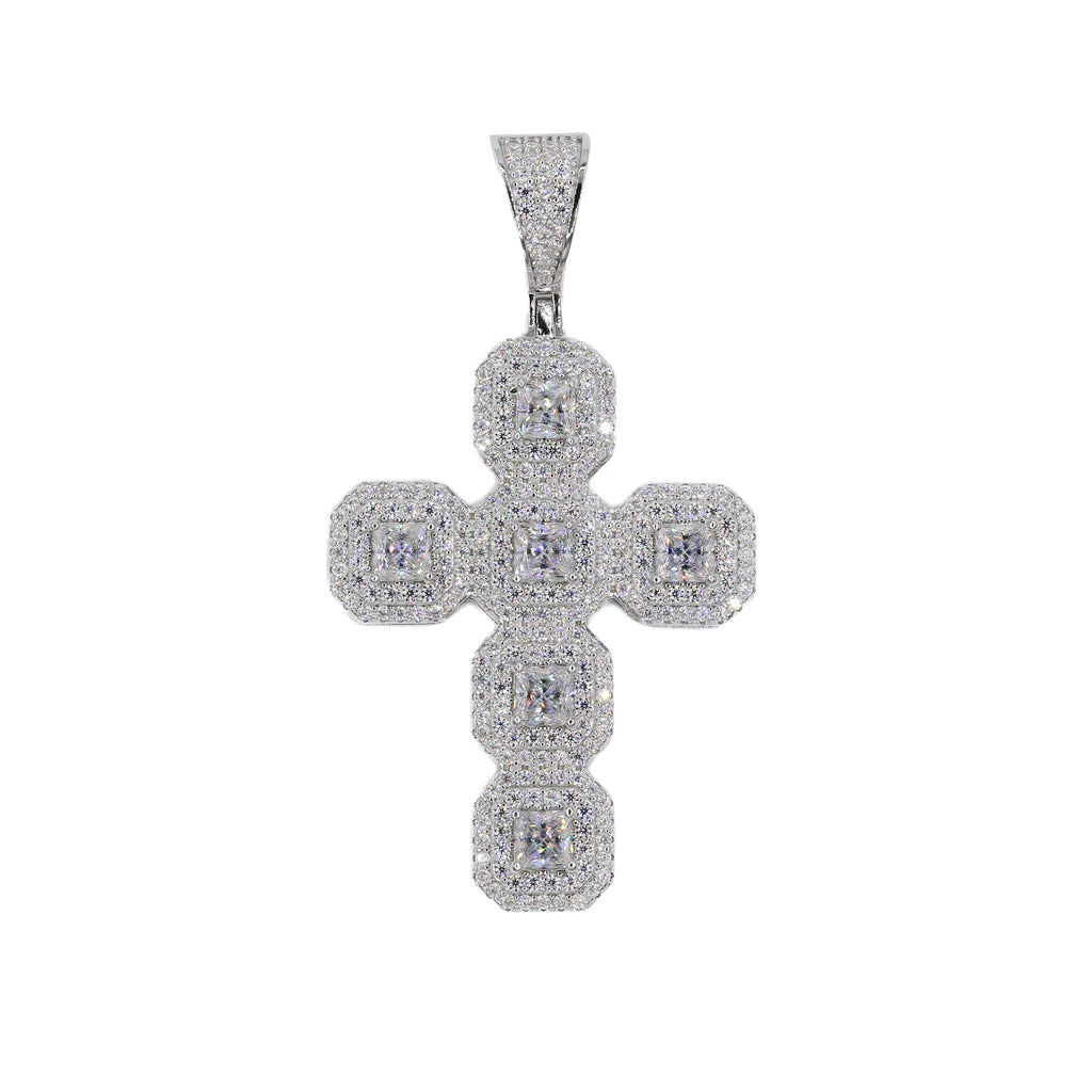 Princess Cut & Baguette Iced Cross VVS Moissanite Diamonds Pendant