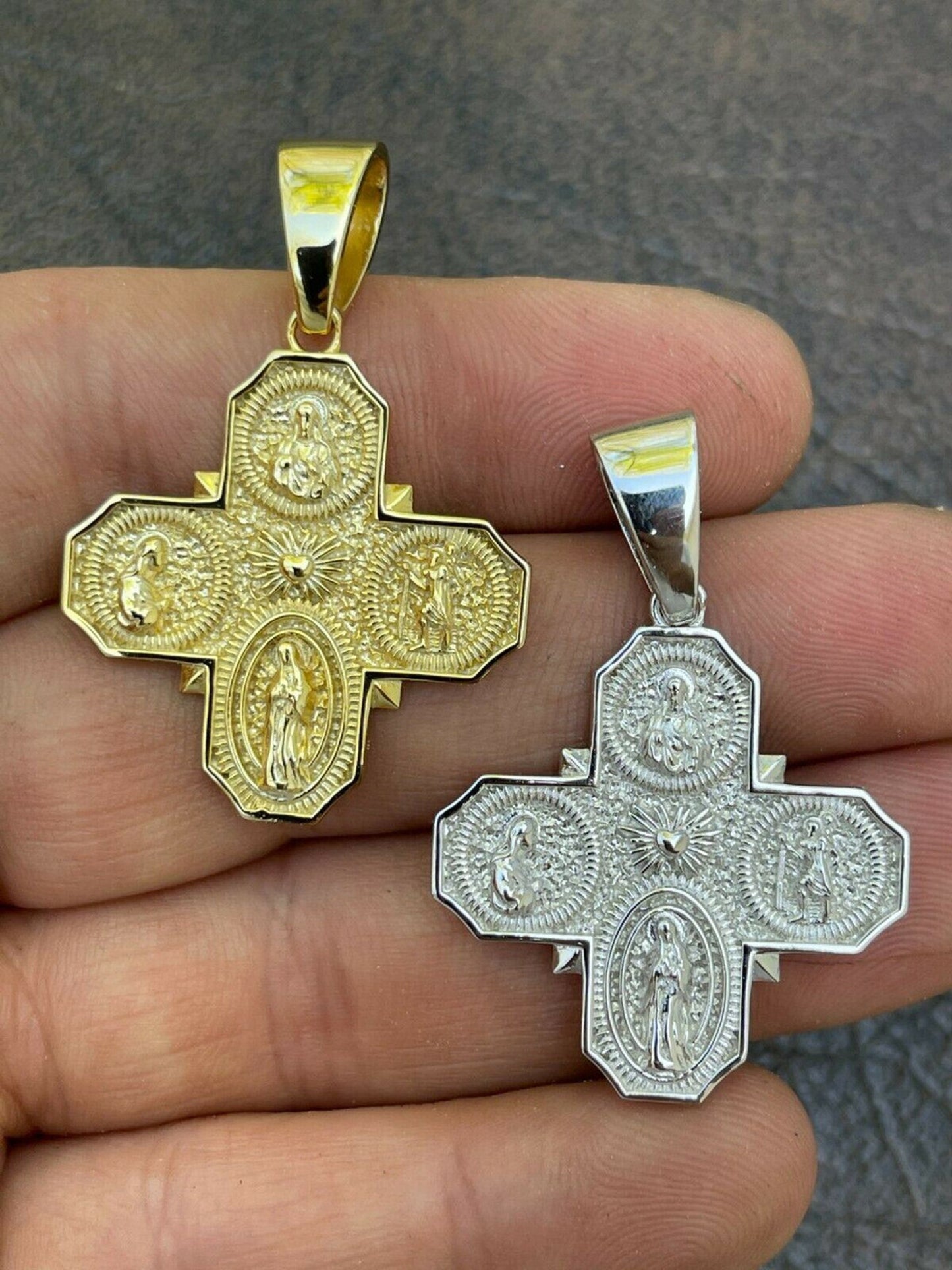 Real 925 Silver Gold Four 4 Way Catholic Cross Pendant Men's Miraculous Necklace