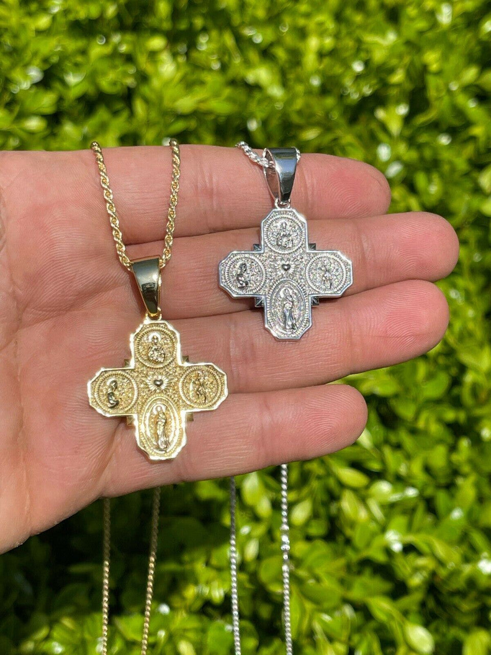 Real 925 Silver Gold Four 4 Way Catholic Cross Pendant Men's Miraculous Necklace