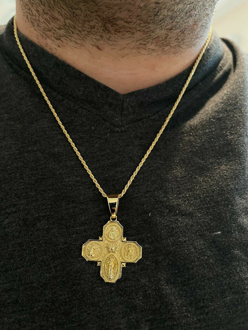 Real 925 Silver Gold Four 4 Way Catholic Cross Pendant Men's Miraculous Necklace