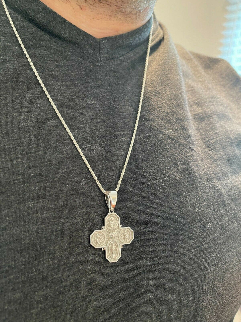 Real 925 Silver Gold Four 4 Way Catholic Cross Pendant Men's Miraculous Necklace