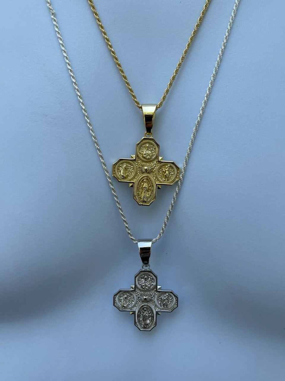 Real 925 Silver Gold Four 4 Way Catholic Cross Pendant Men's Miraculous Necklace