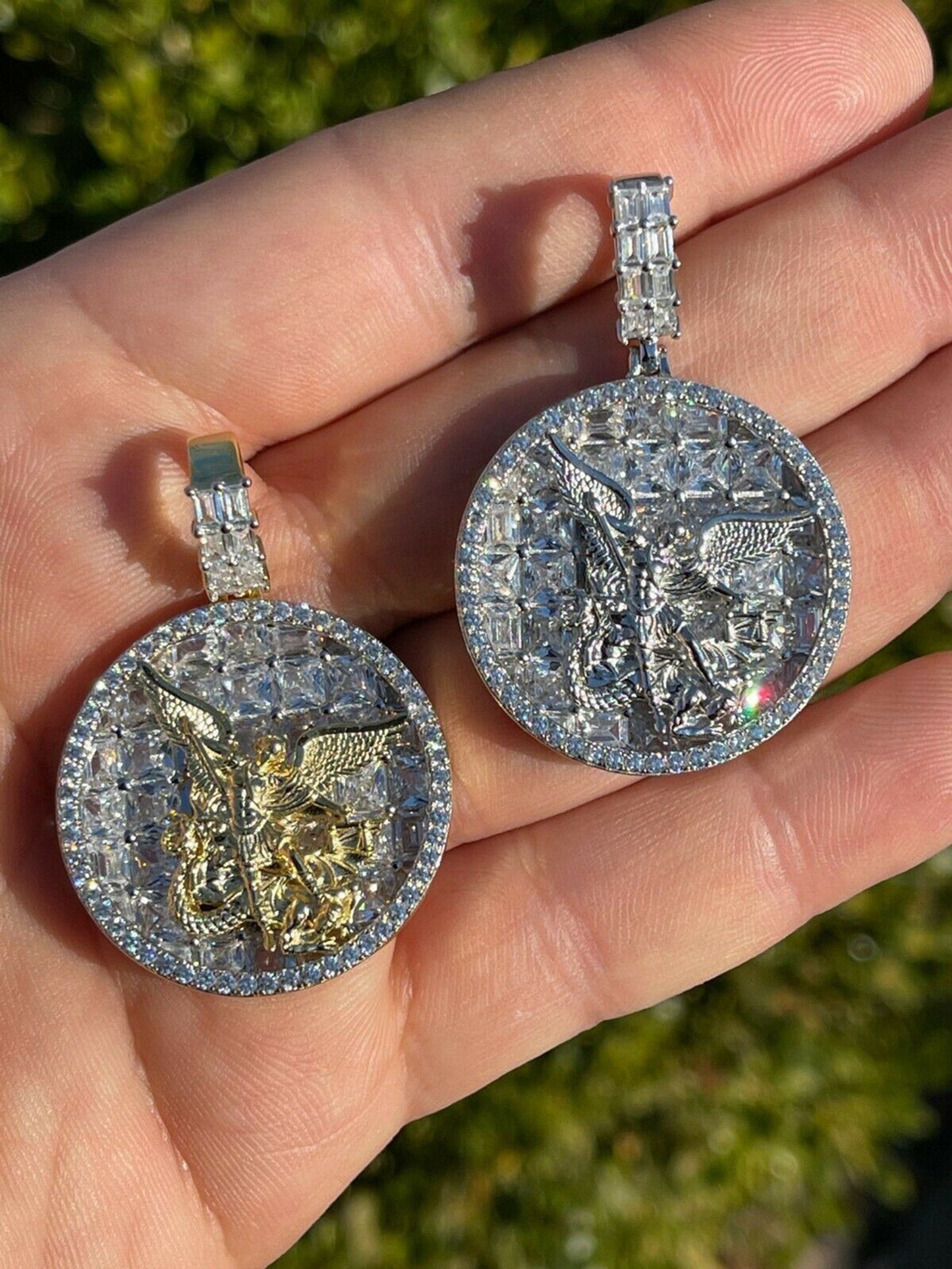 Real 925 Silver St Michael Archangel Necklace Pendant Ice Gold Hip Hop Medallion