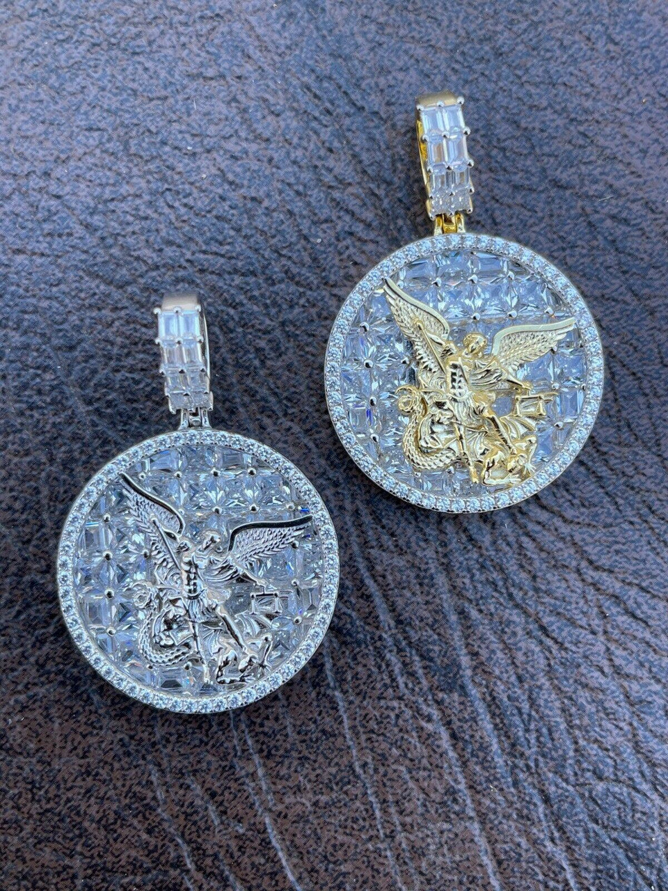 Real 925 Silver St Michael Archangel Necklace Pendant Ice Gold Hip Hop Medallion