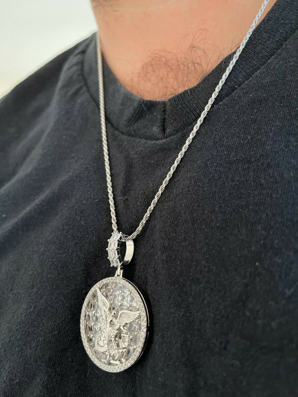 Real 925 Silver St Michael Archangel Necklace Pendant Ice Gold Hip Hop Medallion