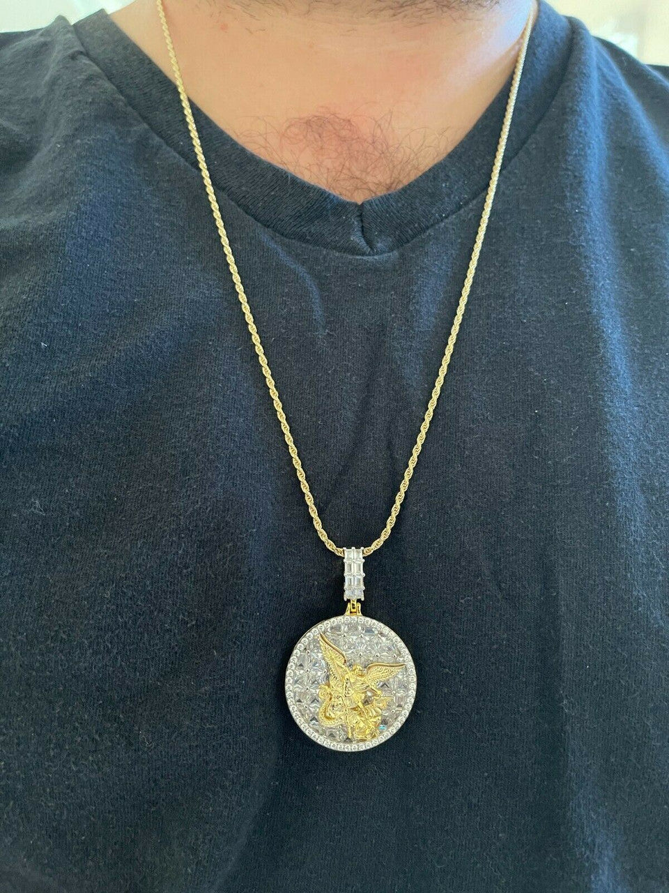 Real 925 Silver St Michael Archangel Necklace Pendant Ice Gold Hip Hop Medallion