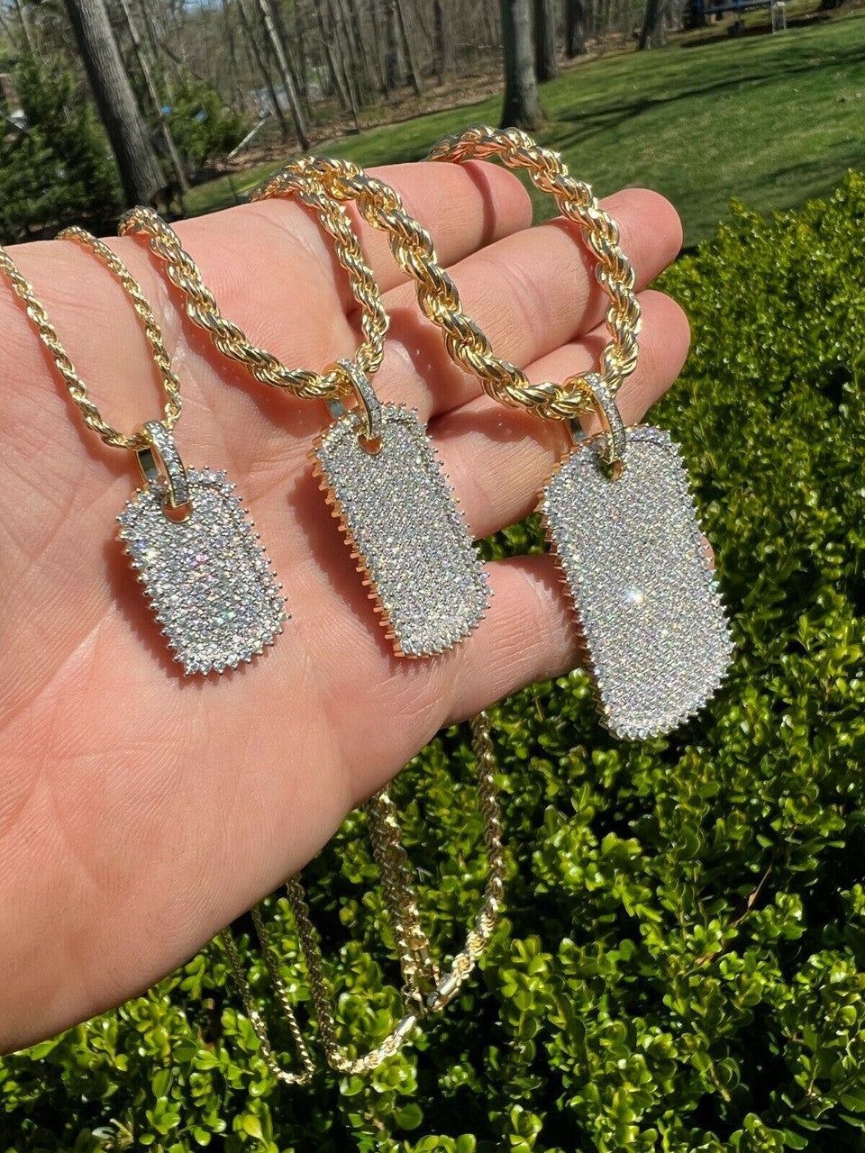 Real MOISSANITE 14k Gold Vermeil Silver Dog Tag Iced Hip Hop Pendant Necklace