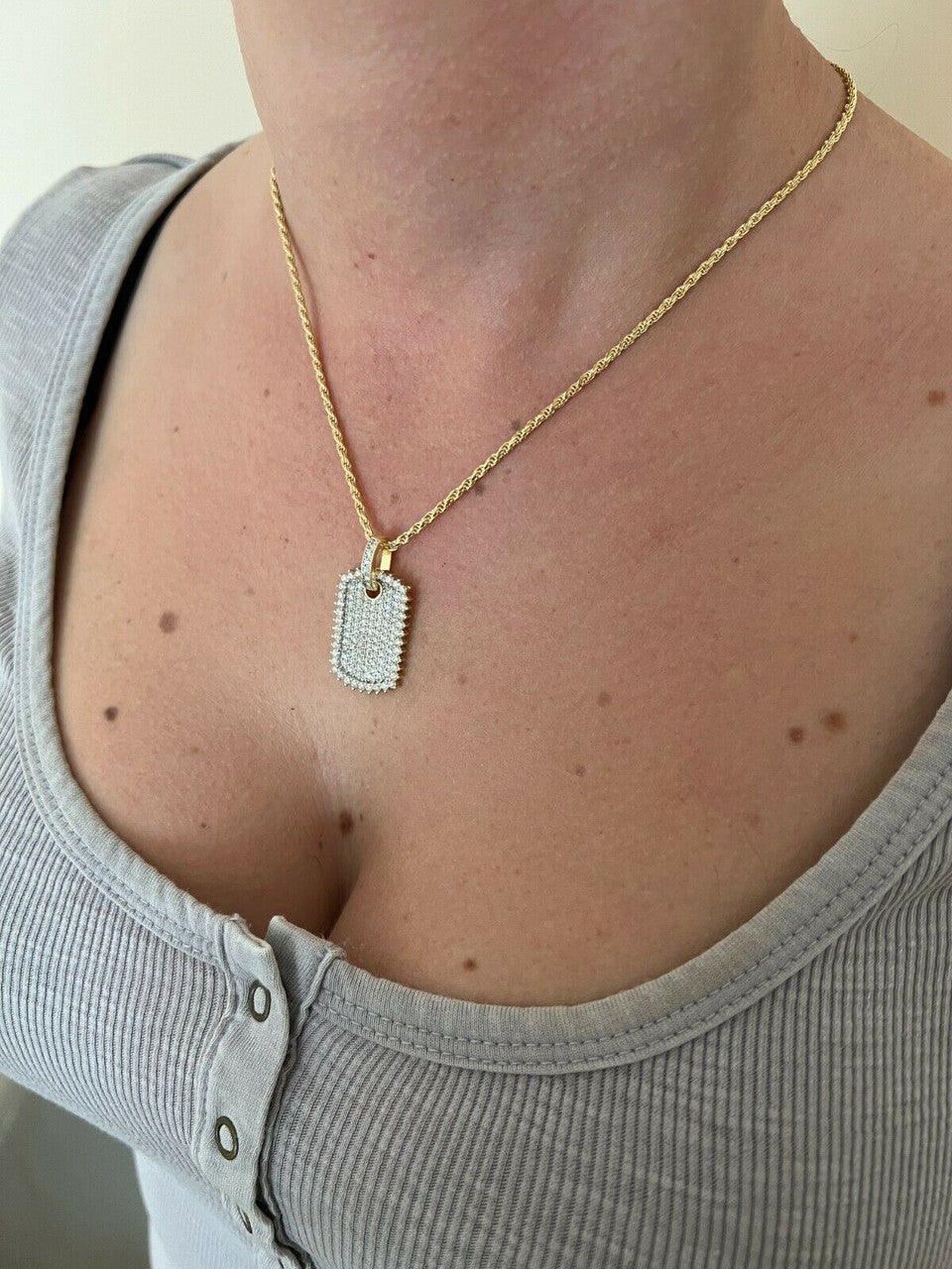 Real MOISSANITE 14k Gold Vermeil Silver Dog Tag Iced Hip Hop Pendant Necklace