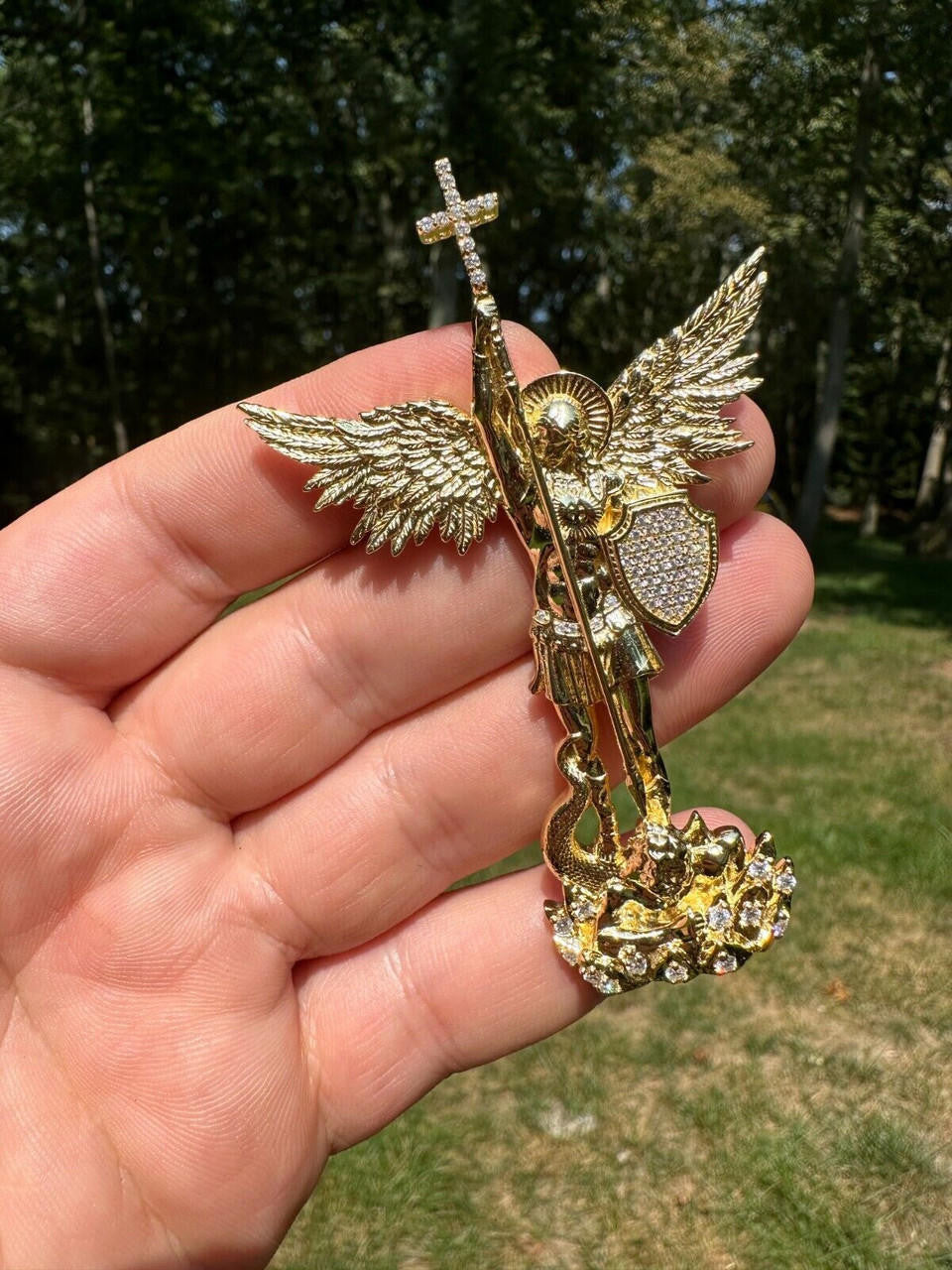 Real MOISSANITE Saint Michael Slaying Dragon Pendant 14k Gold Over 925 Silver