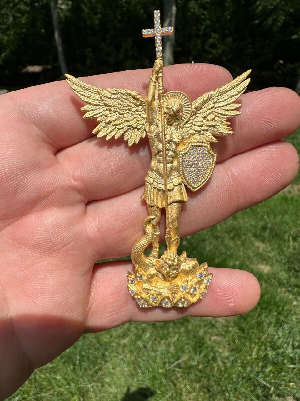 Real MOISSANITE Saint Michael Slaying Dragon Pendant 14k Gold Vermeil 925 Silver