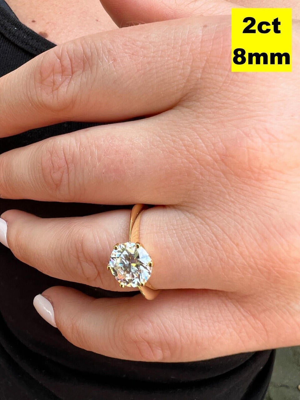 Real Solid 14k Yellow Gold 2ct 8mm VVS D Moissanite Engagement Solitaire Ring
