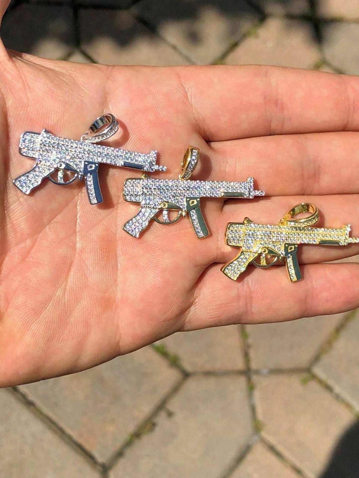 Real Solid 925 Silver AK-47 Machine Gun Diamond Piece Super Icy Pendant W. Chain