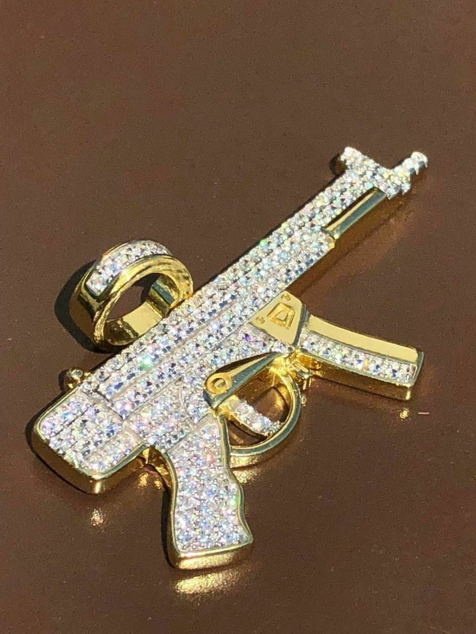 Real Solid 925 Silver AK-47 Machine Gun Diamond Piece Super Icy Pendant W. Chain