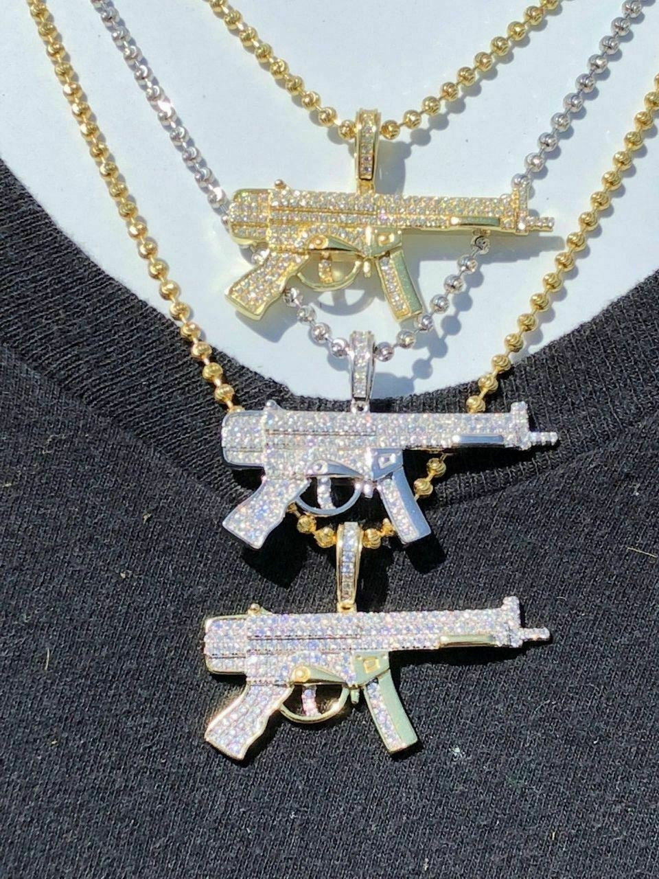 Real Solid 925 Silver AK-47 Machine Gun Diamond Piece Super Icy Pendant W. Chain