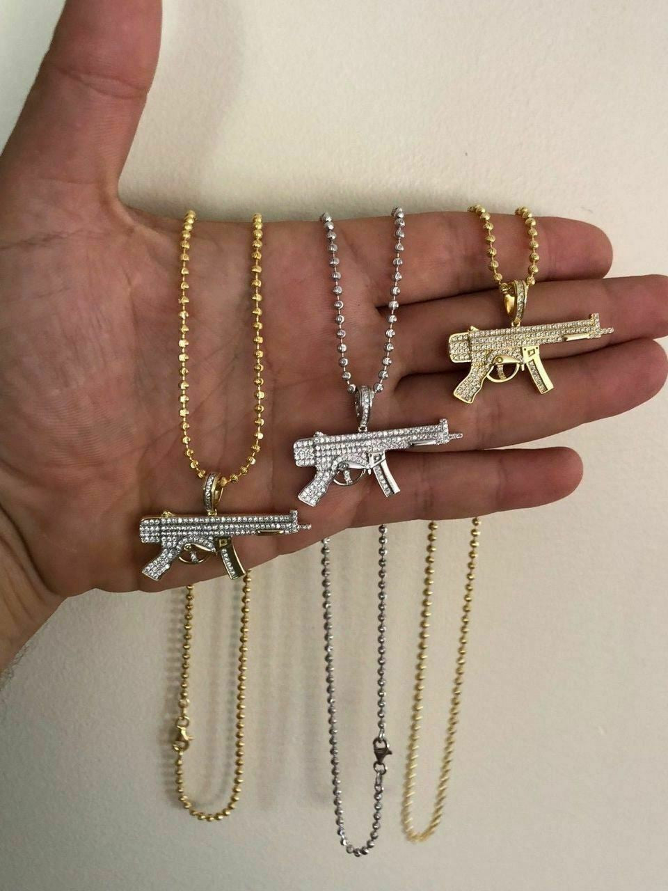 Real Solid 925 Silver AK-47 Machine Gun Diamond Piece Super Icy Pendant W. Chain