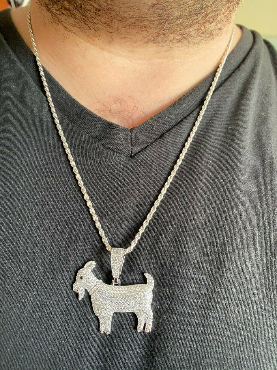 Real Solid 925 Sterling GOAT Pendant Bling Necklace Iced Gold Silver HipHop Mens