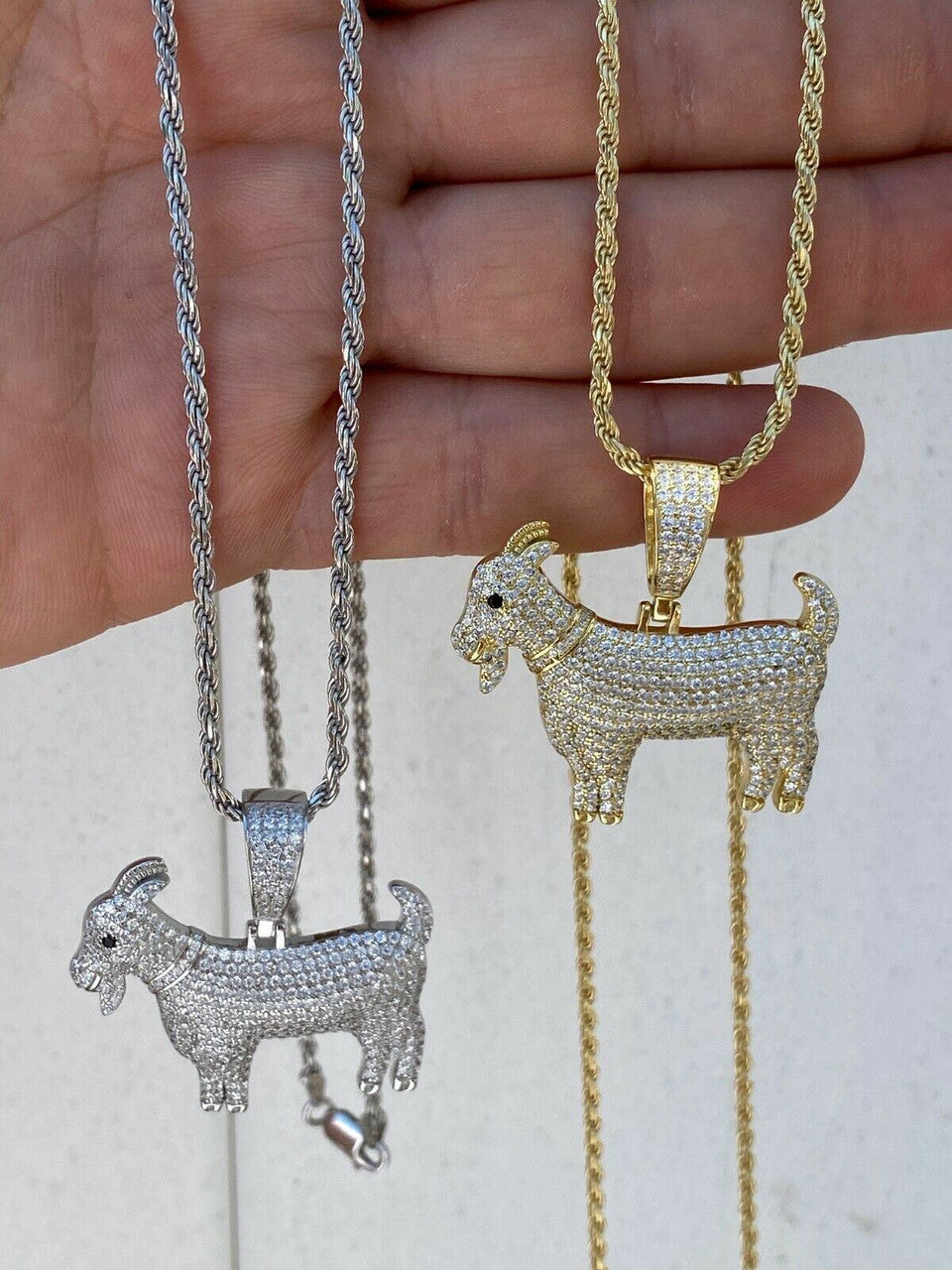 Real Solid 925 Sterling GOAT Pendant Bling Necklace Iced Gold Silver HipHop Mens