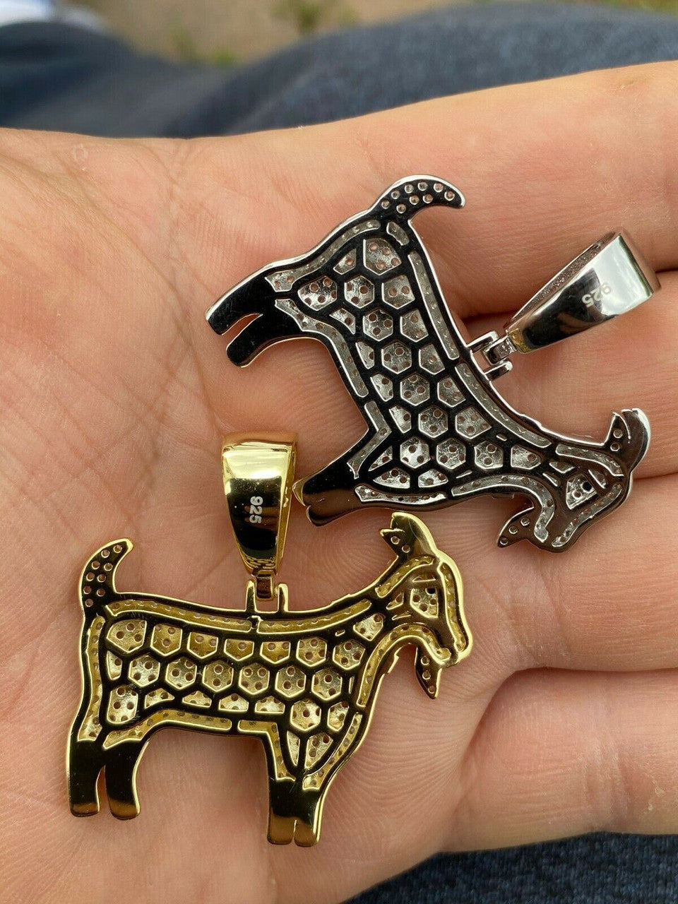Real Solid 925 Sterling GOAT Pendant Bling Necklace Iced Gold Silver HipHop Mens