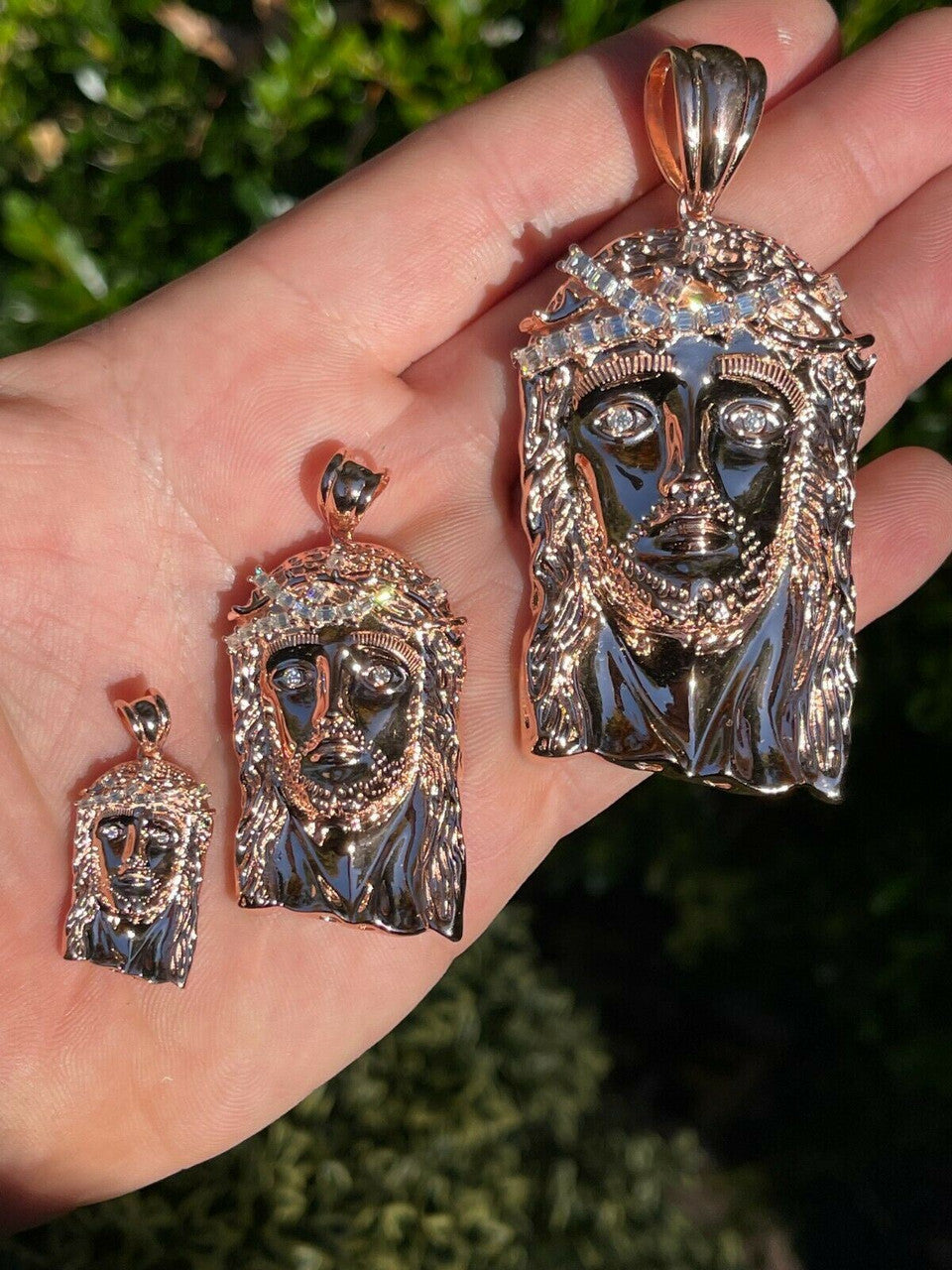 Rose 14k Gold Vermeil Jesus Piece Pendant Baguette MOISSANITE Pass Diamond Test
