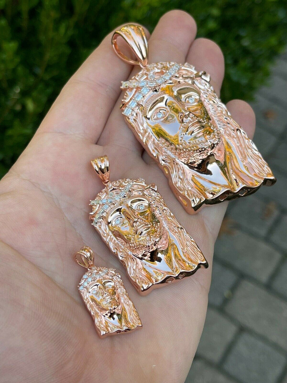Rose 14k Gold Vermeil Jesus Piece Pendant Baguette MOISSANITE Pass Diamond Test