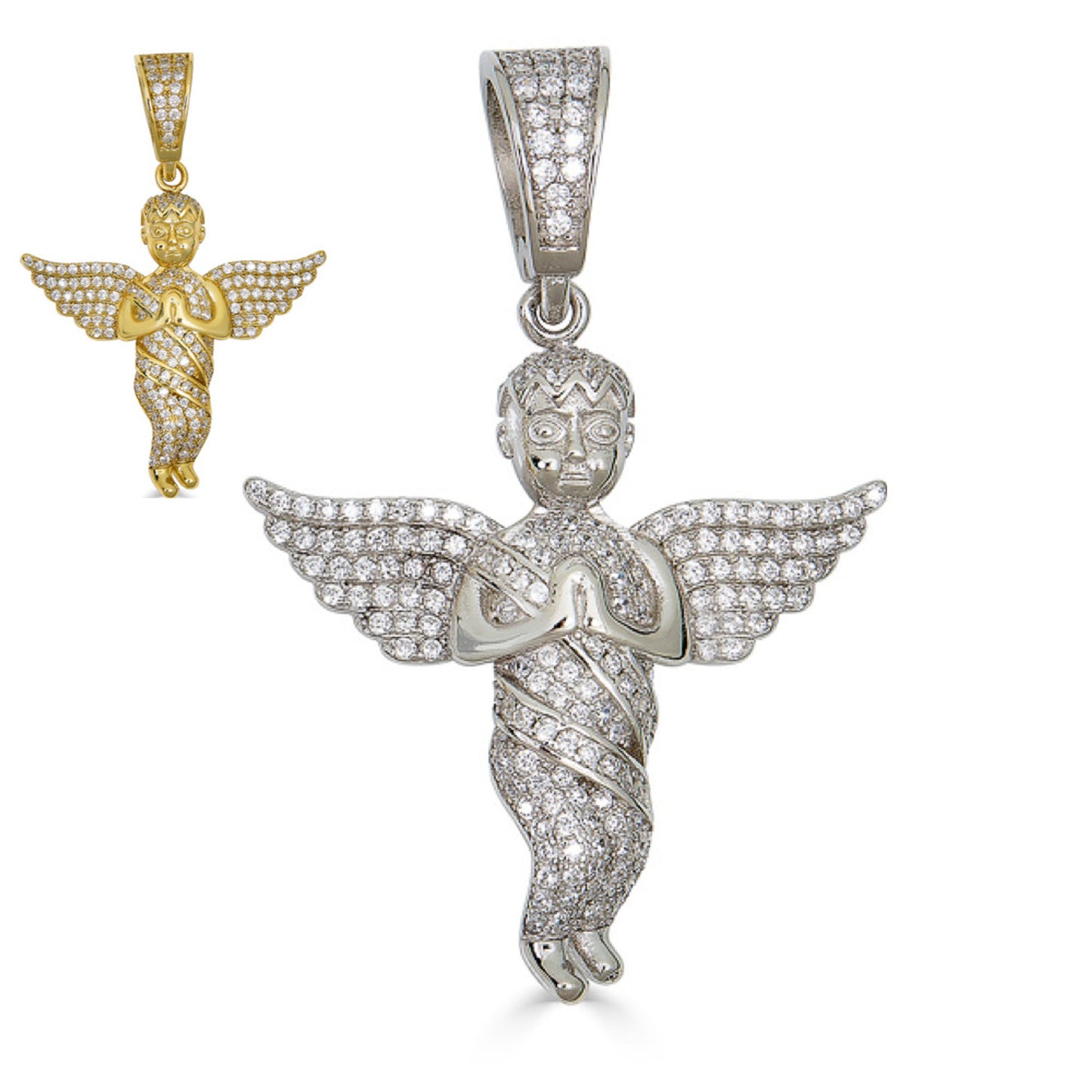 Solid 925 Silver Angel Hip Hop Pendant Iced Diamond Gold Necklace Men's 2" Piece