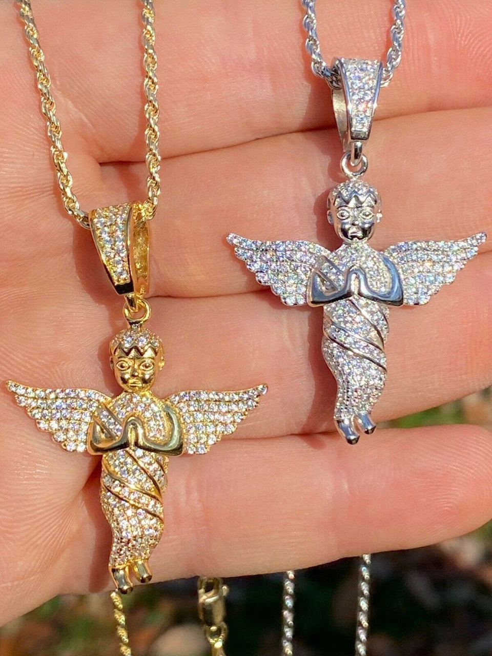 Solid 925 Silver Angel Hip Hop Pendant Iced Diamond Gold Necklace Men's 2" Piece
