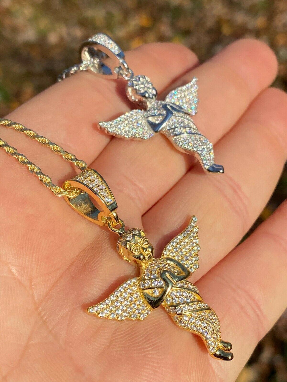 Solid 925 Silver Angel Hip Hop Pendant Iced Diamond Gold Necklace Men's 2" Piece