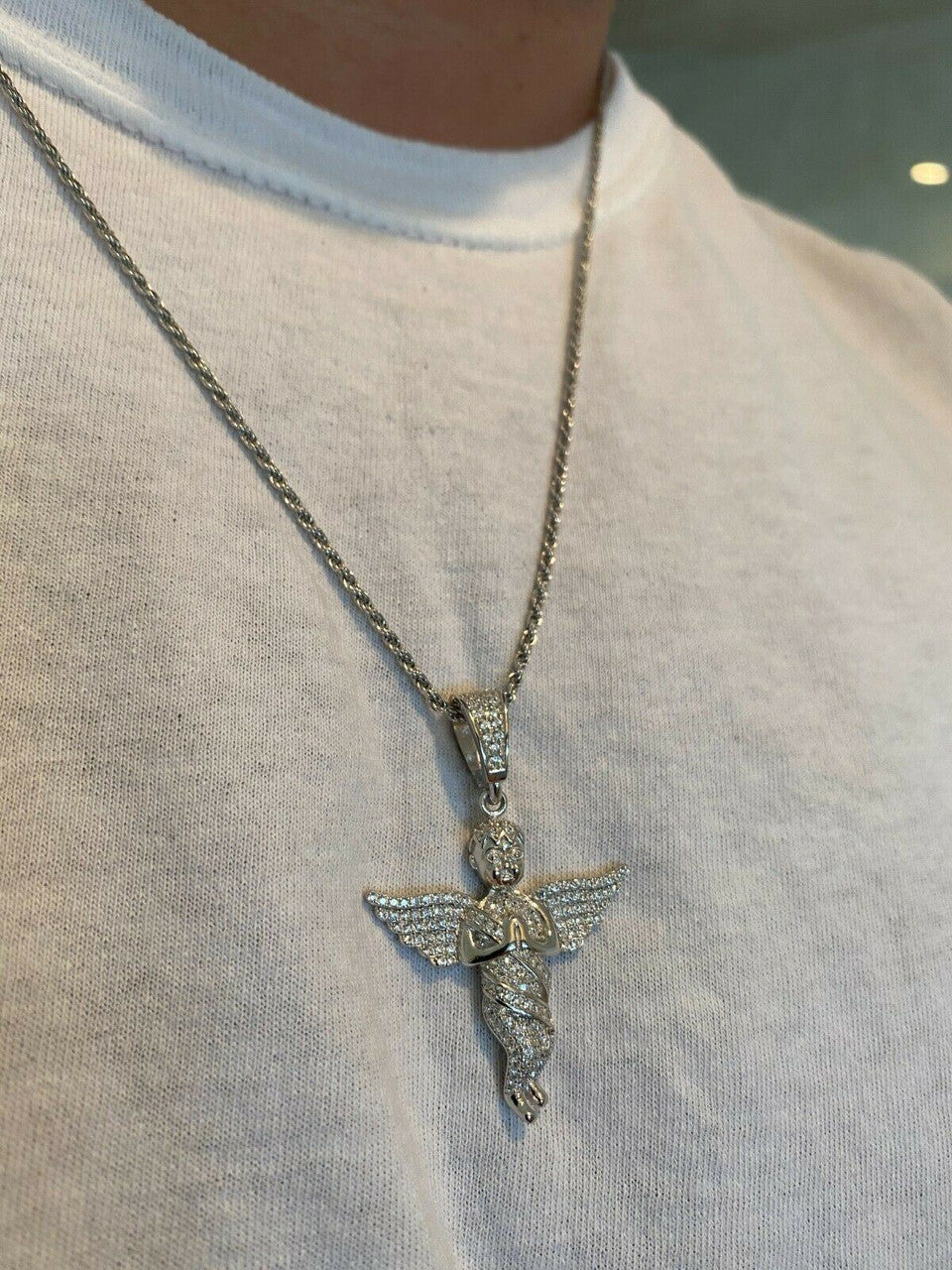 Solid 925 Silver Angel Hip Hop Pendant Iced Diamond Gold Necklace Men's 2" Piece