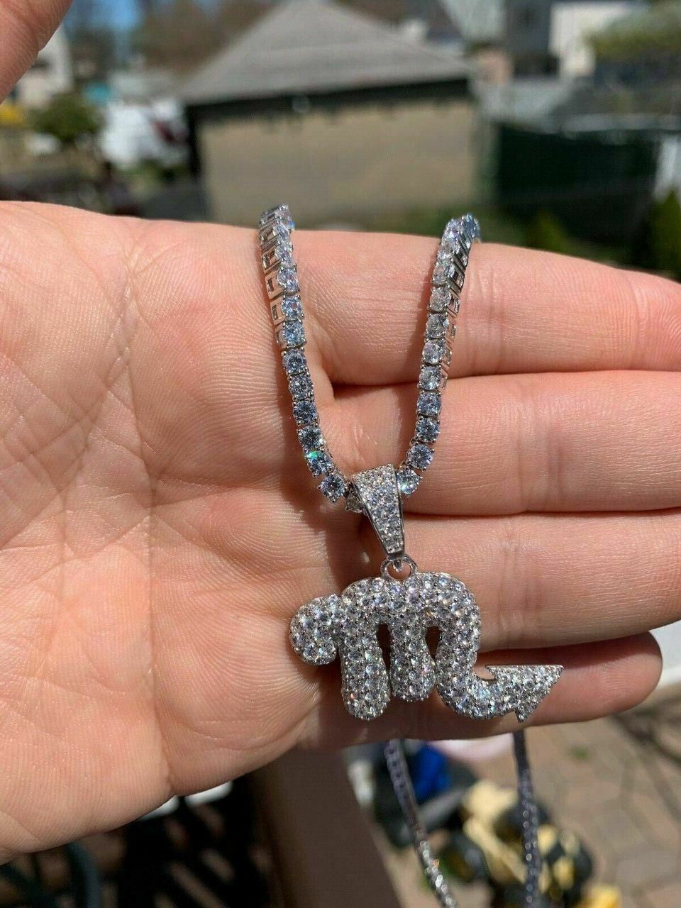 Solid 925 Silver Iced Diamond Zodiac Astrology Sign Pendant Necklace Hip Hop