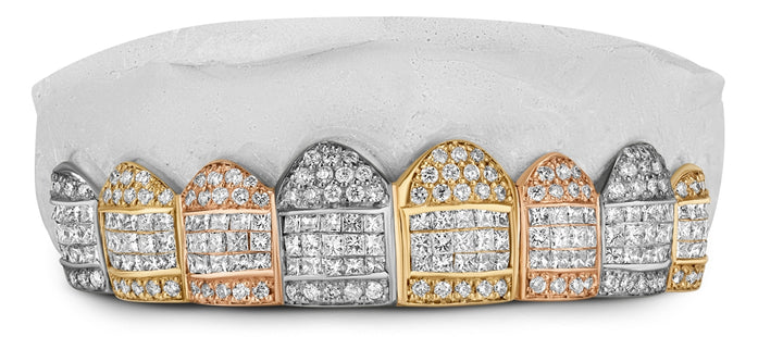 Tri Colors Yellow, White,rose Honeycomb Prong / Invisbale Set Diamond Grill