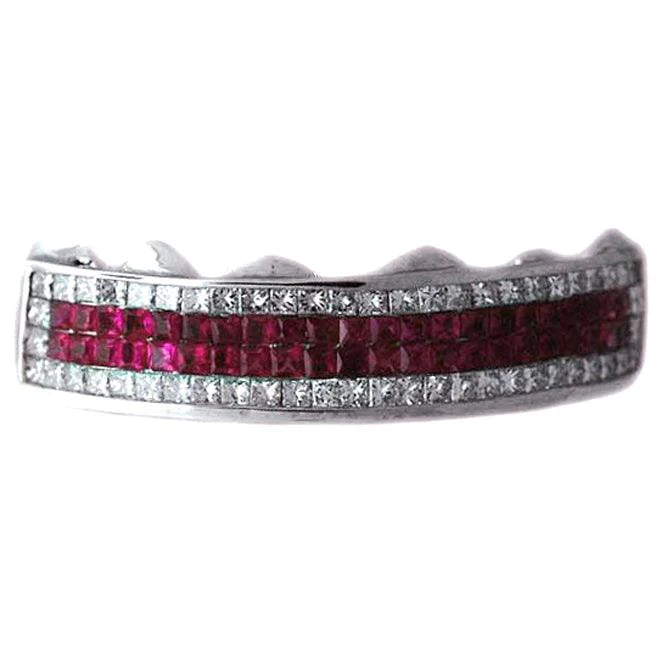 White Princess Cut Diamonds And Red Ruby Grill