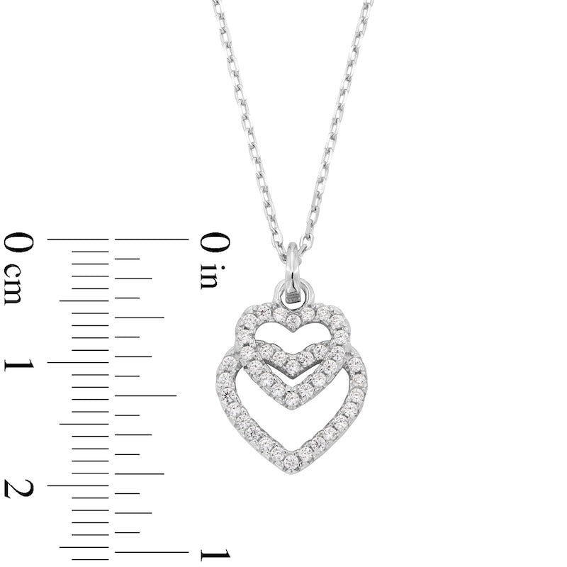 Solid Sterling Silver CZ Graduated Double Heart Outline Drop Pendant - 18"