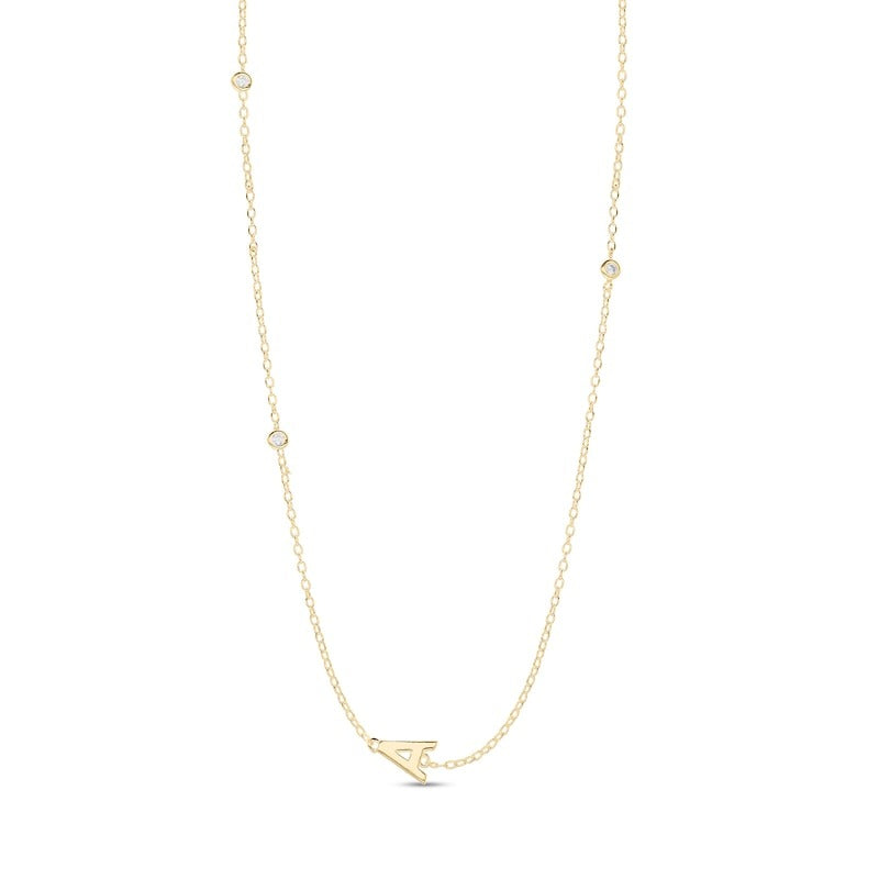 14K Gold Plated CZ Bezel Set Initial Rolo Necklace - 18"