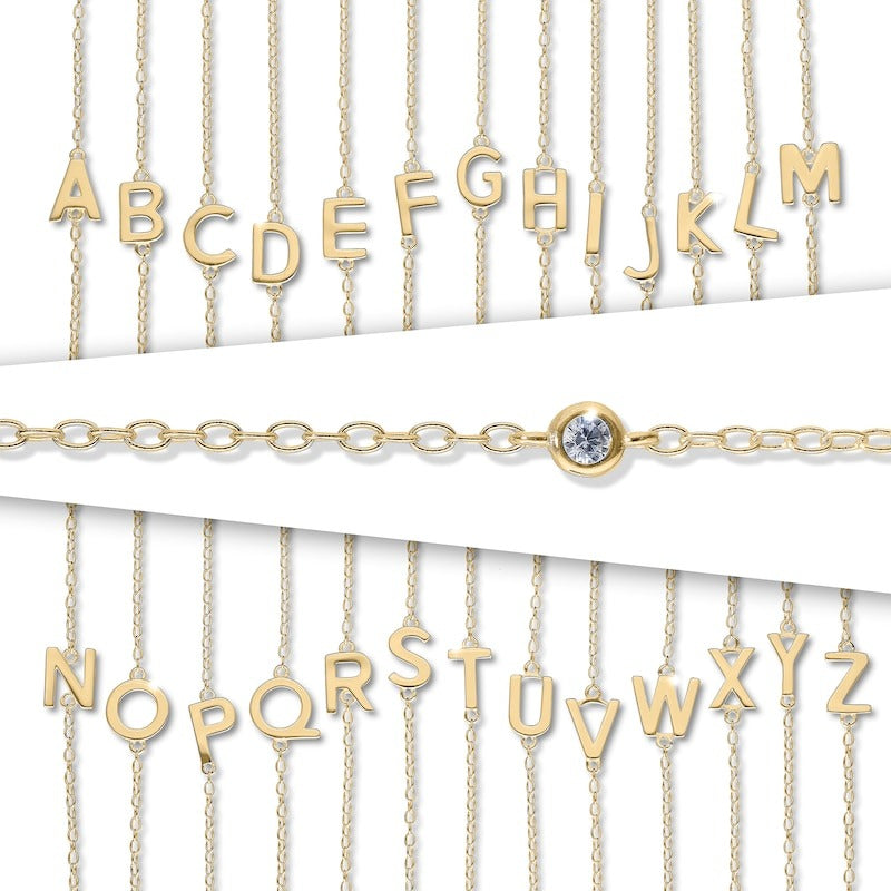14K Gold Plated CZ Bezel Set Initial Rolo Necklace - 18"