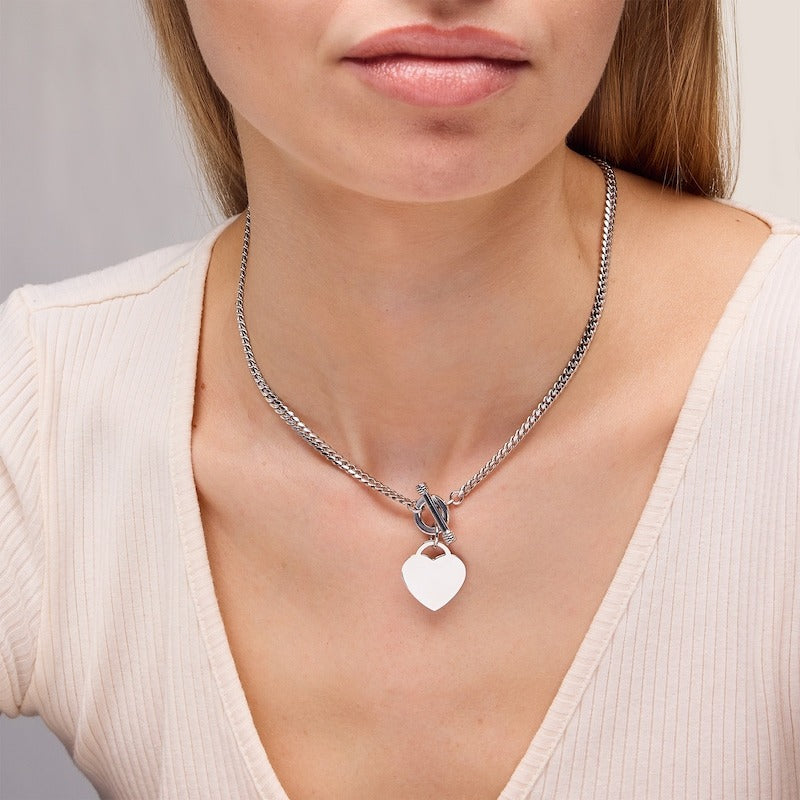 Sterling Silver Heart Charm Cuban Chain Made in Italy - 17"