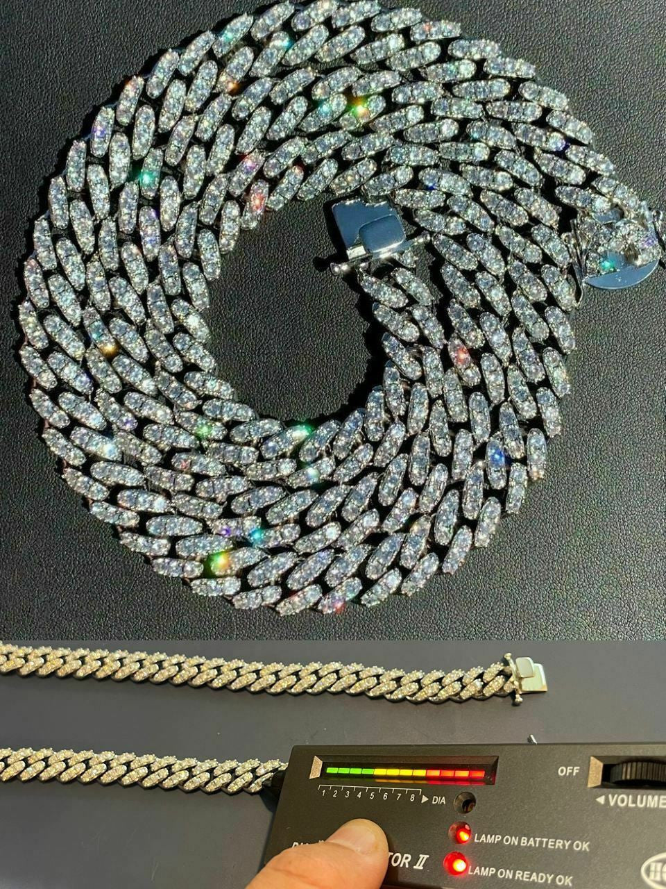 MOISSANITE Big Stone Miami Cuban Link Chain Necklace Iced Out - 925 Silver - 12mm - 16"- 30"