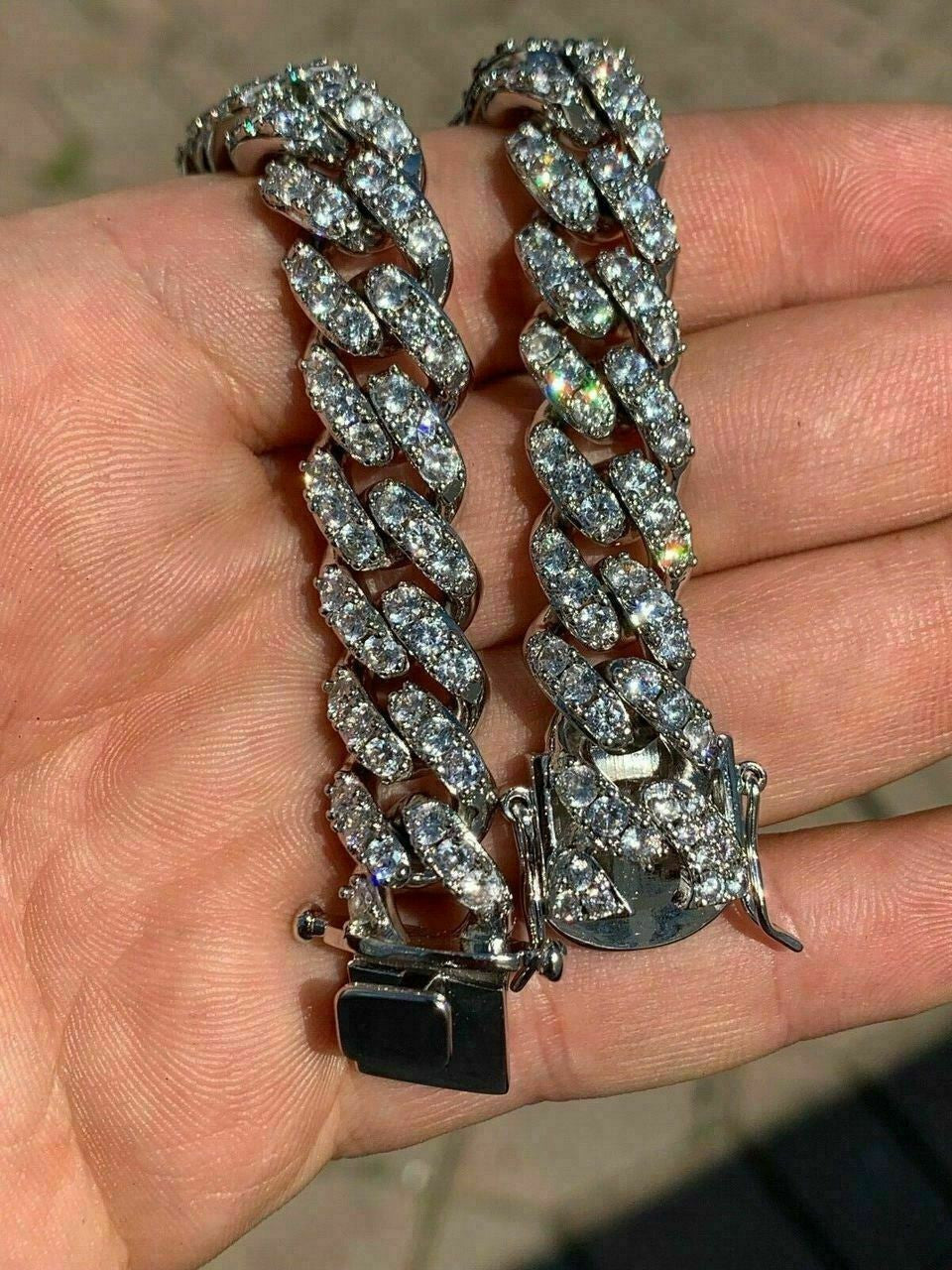 MOISSANITE Big Stone Miami Cuban Link Chain Necklace Iced Out - 925 Silver - 12mm - 16"- 30"