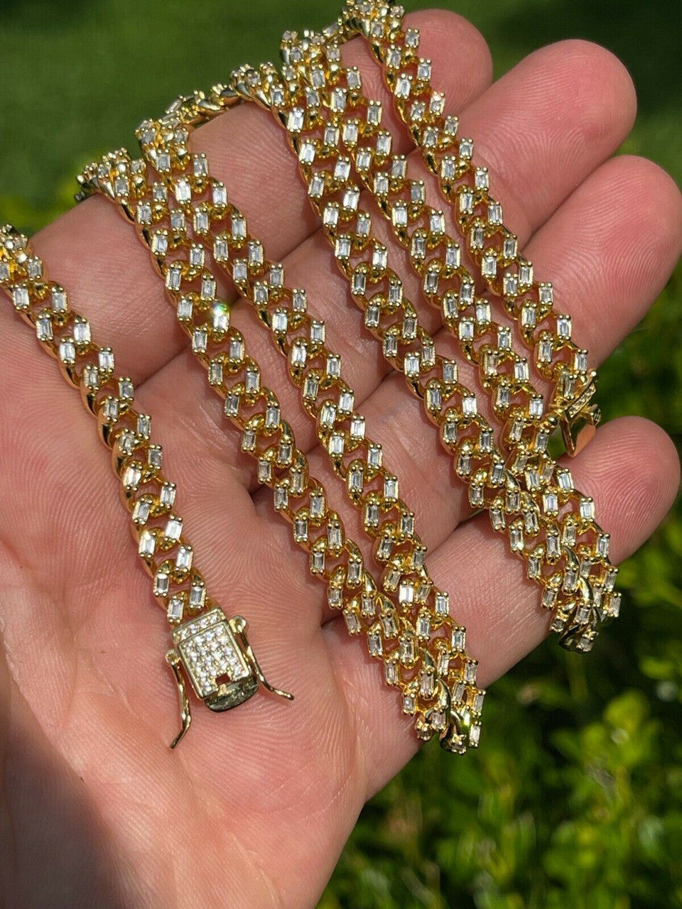 Baguette Miami Cuban Link Chain Necklace Iced Out CZ Stones - 14k Gold Vermeil 925 Silver - 6mm - 16-30"
