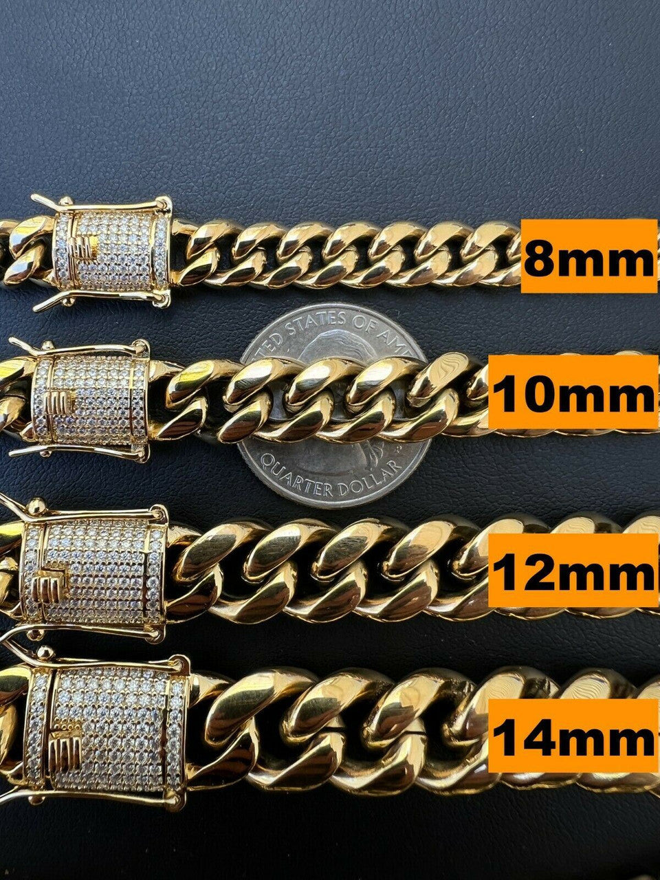 MOISSANITE CLASP Miami Cuban Link Chain Necklace - 14k Yellow Gold Plated Stainless Steel - 16"-30" - 8mm-14mm