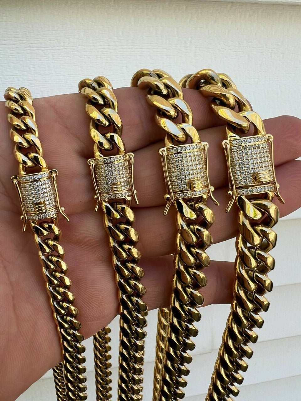 MOISSANITE CLASP Miami Cuban Link Chain Necklace - 14k Yellow Gold Plated Stainless Steel - 16"-30" - 8mm-14mm