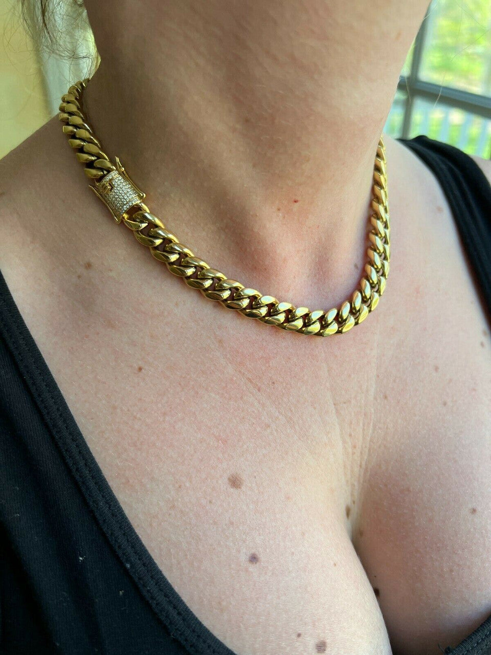 MOISSANITE CLASP Miami Cuban Link Chain Necklace - 14k Yellow Gold Plated Stainless Steel - 16"-30" - 8mm-14mm