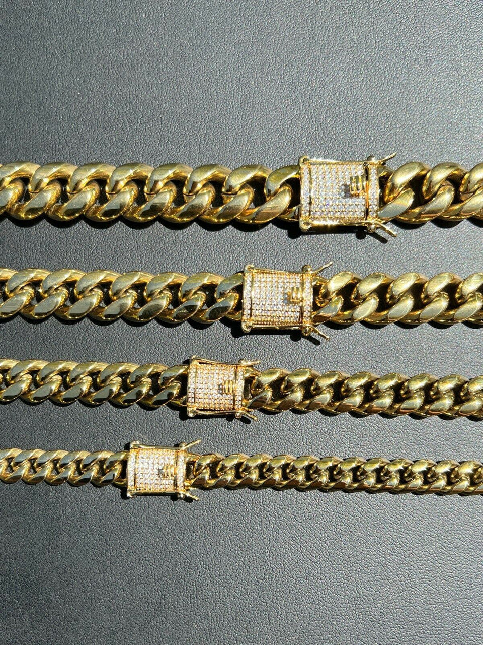 MOISSANITE CLASP Miami Cuban Link Chain Necklace - 14k Yellow Gold Plated Stainless Steel - 16"-30" - 8mm-14mm