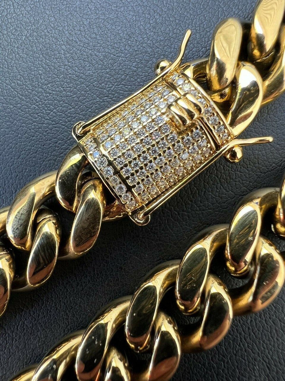 MOISSANITE CLASP Miami Cuban Link Chain Necklace - 14k Yellow Gold Plated Stainless Steel - 16"-30" - 8mm-14mm
