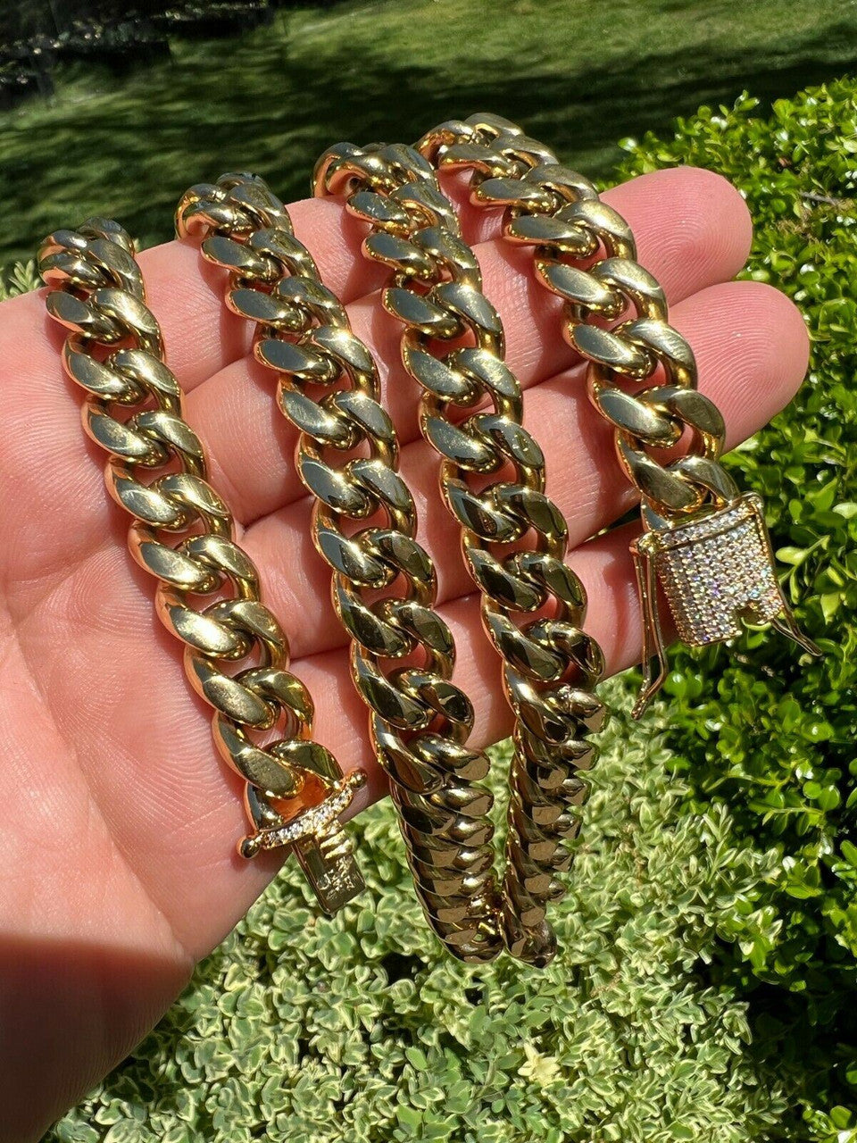 MOISSANITE CLASP Miami Cuban Link Chain Necklace - 14k Yellow Gold Plated Stainless Steel - 16"-30" - 8mm-14mm