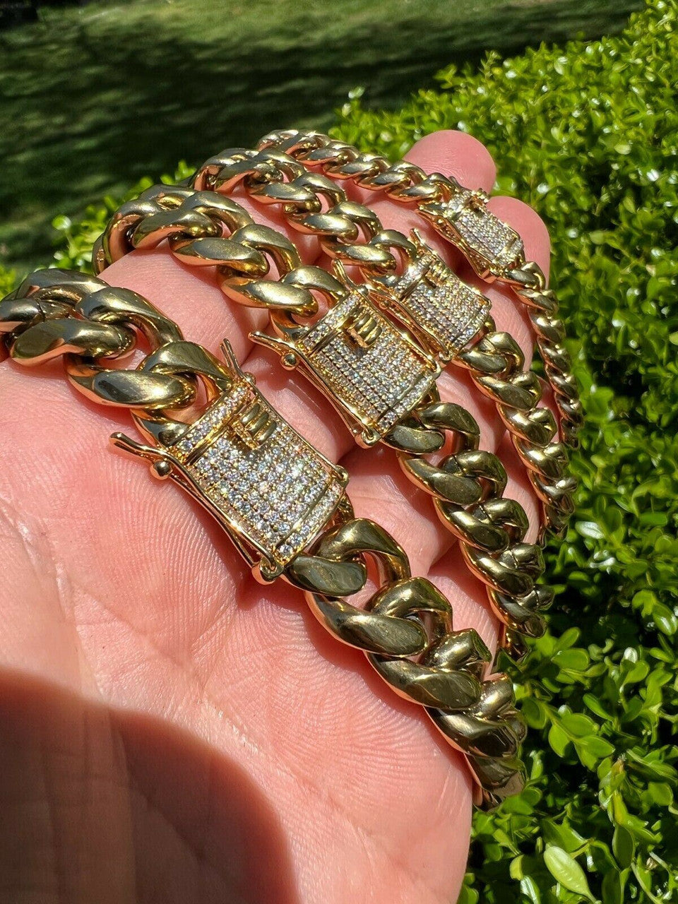 MOISSANITE CLASP Miami Cuban Link Chain Necklace - 14k Yellow Gold Plated Stainless Steel - 16"-30" - 8mm-14mm
