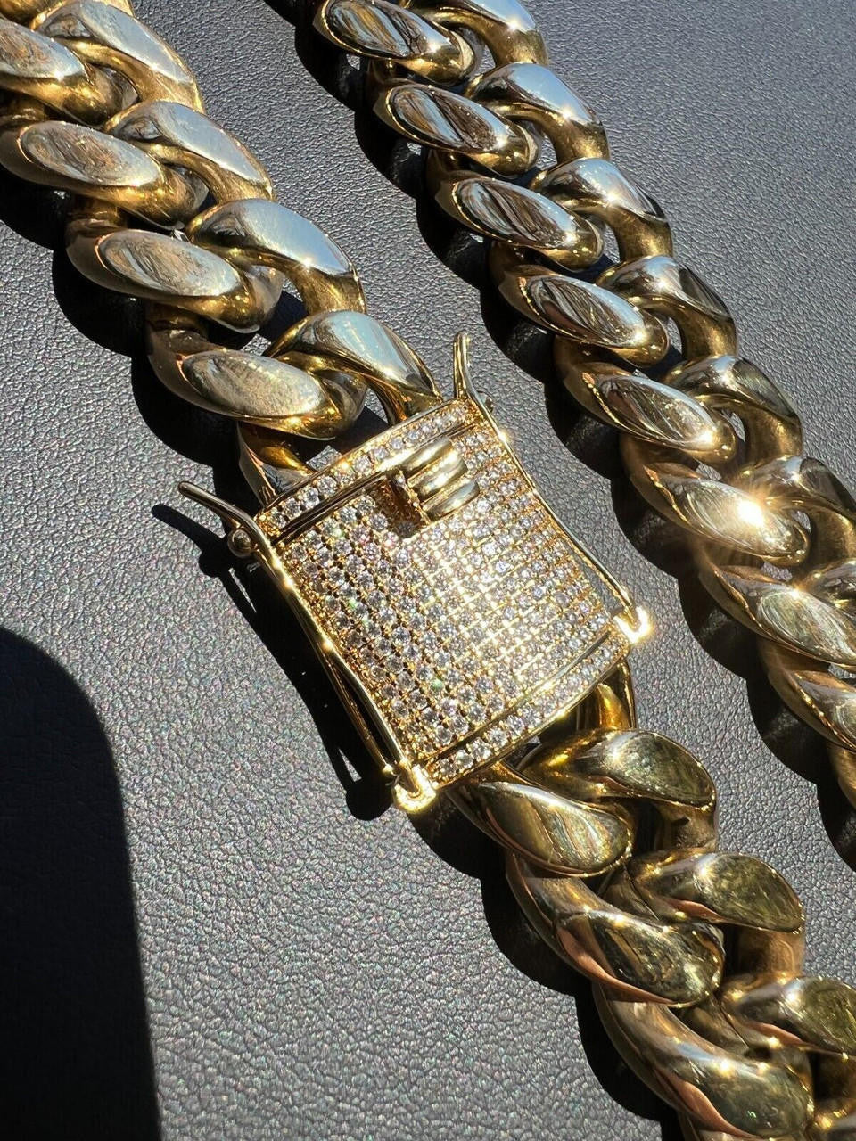 Kilo Cuban MOISSANITE CLASP Miami Cuban Link Chain Necklace Or Bracelet - 14k Yellow Gold Plated Stainless Steel - 7"-30" - 18mm